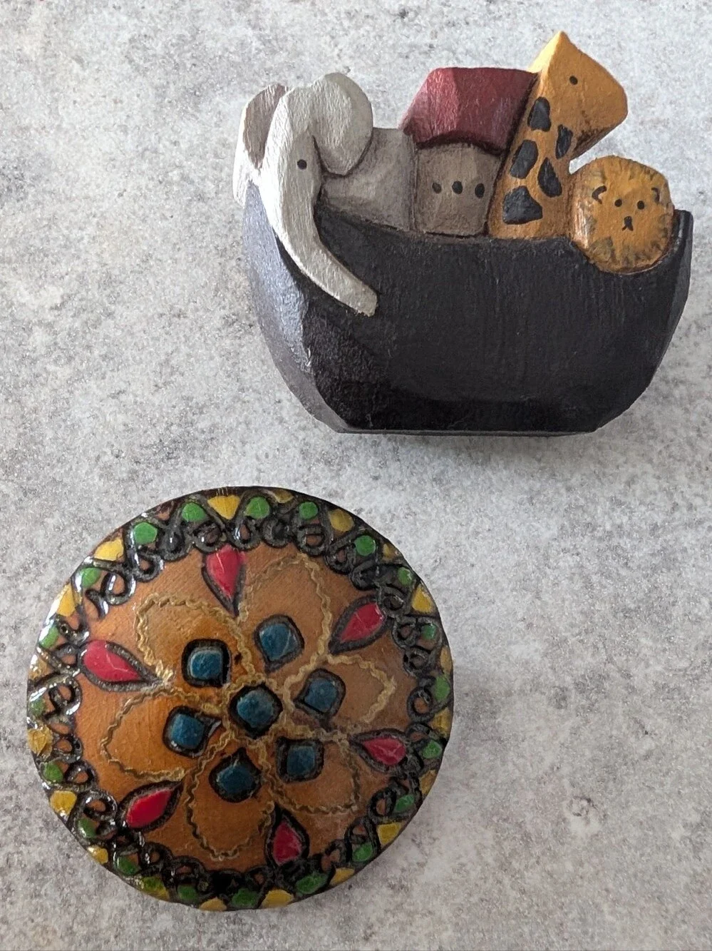 Handcrafted Wooden Brooch Set, Ark With Animals And Floral Mandala